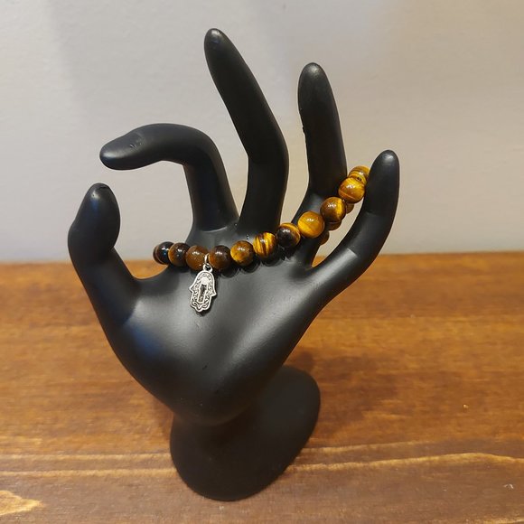 Tigers Eye Bracelet with Hand of Hamsa Pendant - Picture 3 of 5